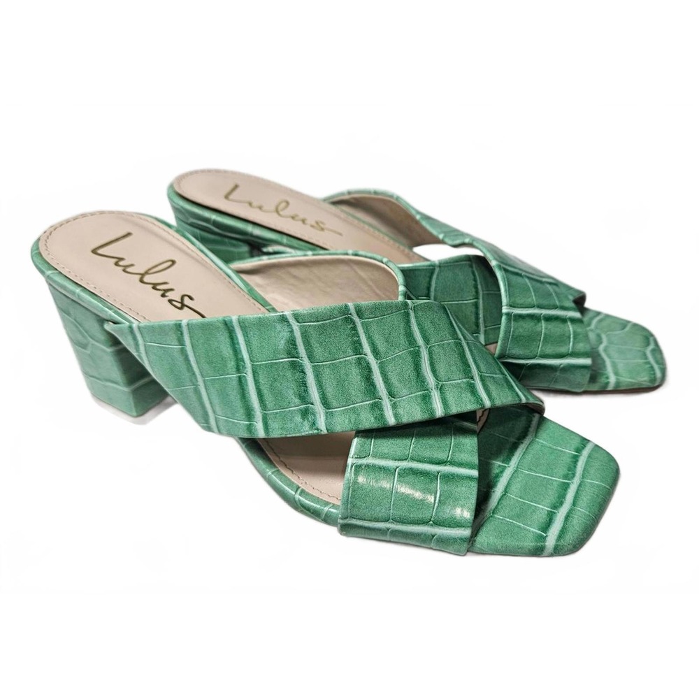 Lulus Green Croc Embossed Square Toe Block‎ Heel Mule Sandals Size 6.5 Summer